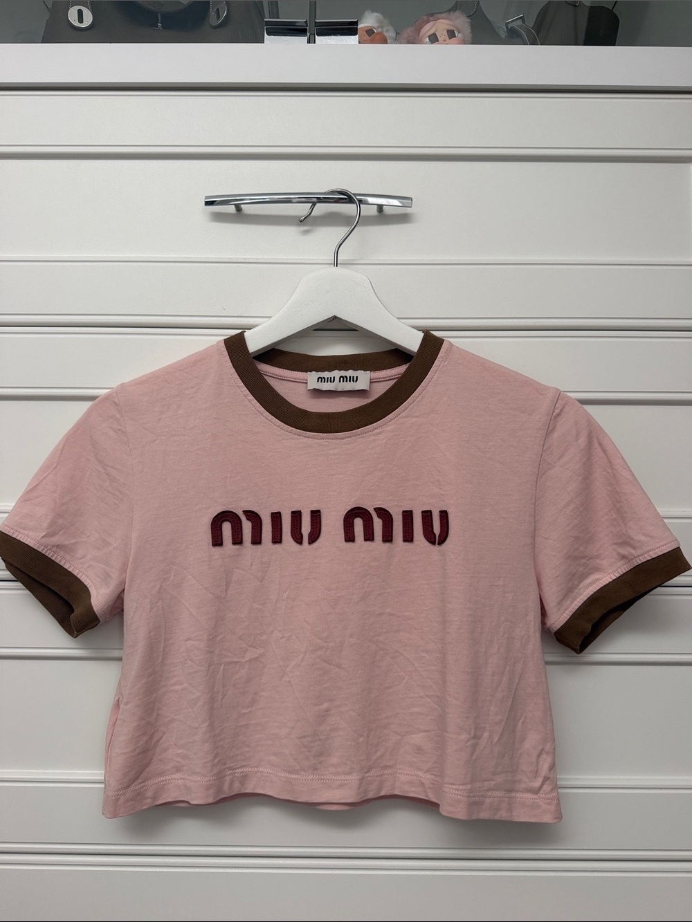Authentic Miu Miu Pink Olive Trim and Logo Cropped T-Shirt Size S